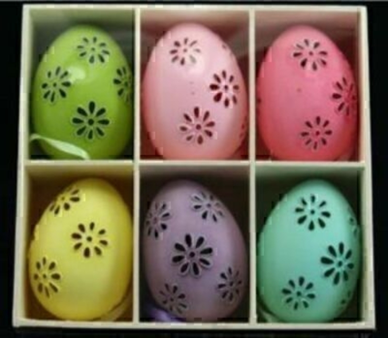 Box of 6 colourful moulded Egg, with cut out daisy pattern, hanging decoration by Gisela Graham. Each egg 6cm. Box size 13x14x4.5cm